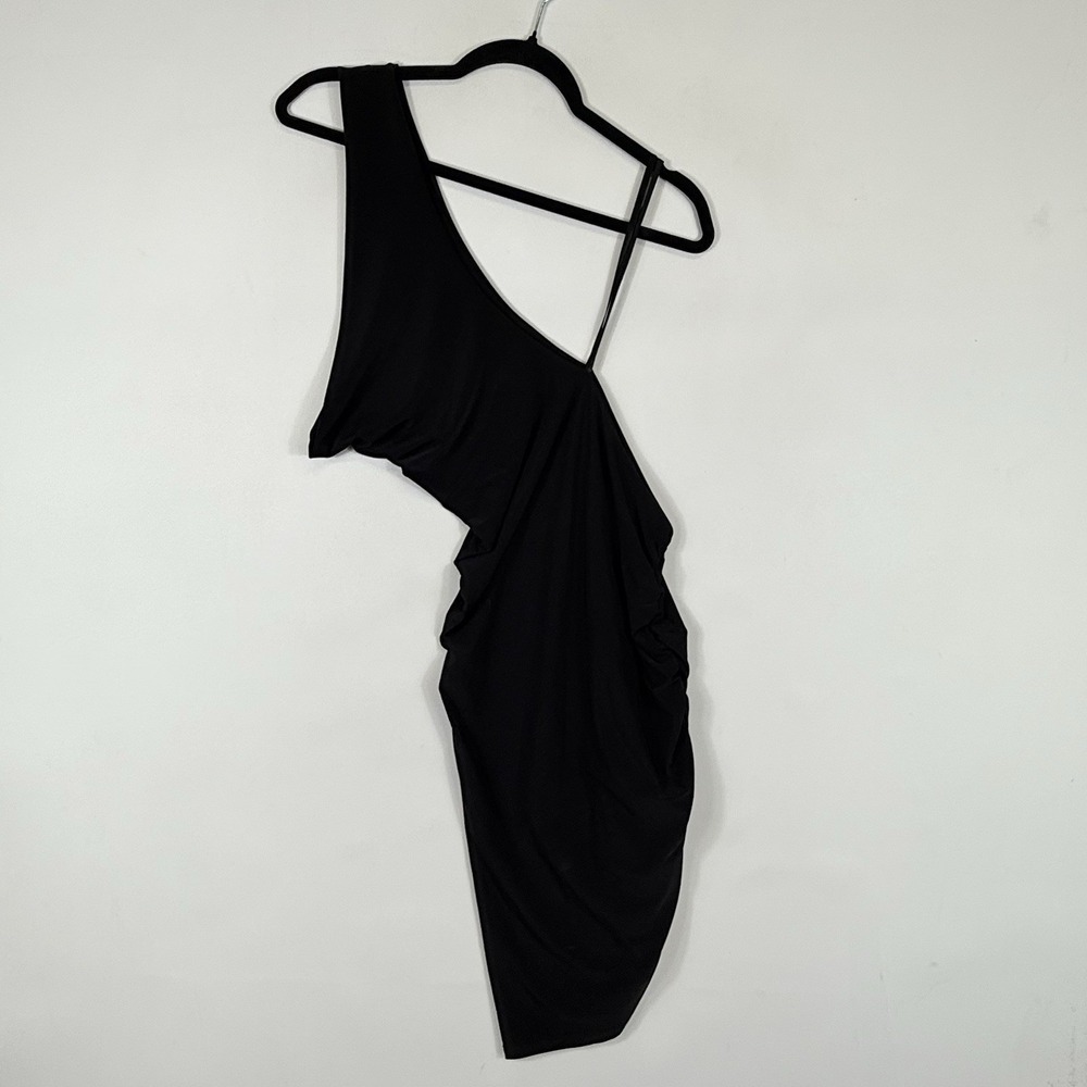 NEW 21 Saints‎ Womens Medium Mini Dress Black Bodycon One Shoulder Slinky Ruched
